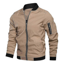 PARK (M-Khaki) Herren-Bomberjacke, lässig, locker, einfarbig, mit Stehkragen und Reißverschluss
