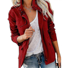 PARK (S-Rosso vino) Giacca militare da donna con bottoni automatici, cappotto autunnale, maniche lunghe,
