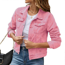 PARK(S-Pink)Damen langärmlige kurze Jeansjacke mit Taschenschnalle
