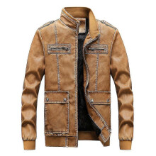 PARK (2XL-Gelb) Herren Freizeit Einfarbig Stehkragen Lederjacke Mantel 3 Farben