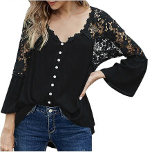 PARK(S-Nero) Camicie da donna con scollo a V, maniche a tre quarti, in pizzo all'uncinetto e occhielli