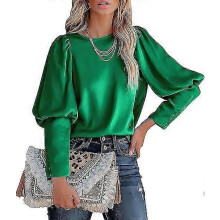 PARK (S-Grün) Damen Satin-Oberteile mit langen Puffärmeln und Rundhalsausschnitt, lässige Bluse mit