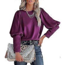 PARK (M-Lila) Damen-Satin-Oberteile, lange Puffärmel, Rundhalsausschnitt, lässige, lockere Passform,
