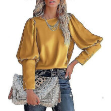 PARK (L-Gelb) Damen Satin-Oberteile mit langen Puffärmeln und Rundhalsausschnitt, lässige Bluse mit