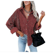 PARK (XL-Rosso Vino) Camicia da donna in velluto a coste a maniche lunghe con bottoni, giacca oversize