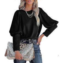 PARK (M-Schwarz) Damen Satin-Oberteile mit langen Puffärmeln und Rundhalsausschnitt, lässige Bluse mit