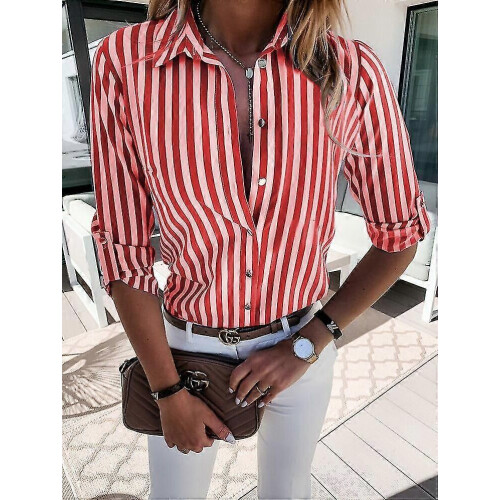 PARK(M-Rosso) Camicetta a righe stampate da donna, camicette a righe classiche a maniche lunghe 1