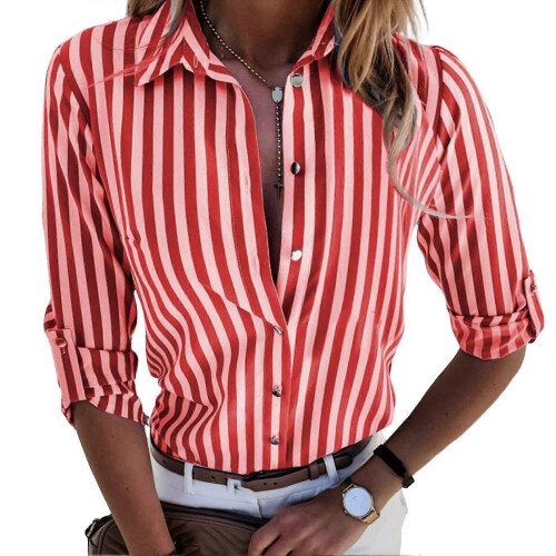 PARK (XL-Rosso) Camicetta a righe da donna, camicette classiche a righe a maniche lunghe