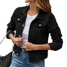 PARK (M-Schwarz) Damen-Jeansjacke mit langen Ärmeln und Taschenschnalle