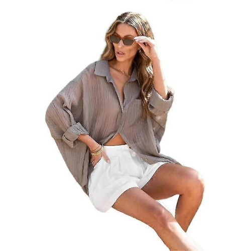 PARK(M-grau)Damen Bikini Bluse V-Ausschnitt Strandshirt 1