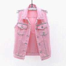 PARK (XXL-Pink) Damen Frühlings- und Herbstmäntel Solide ärmellose Jeansjacke Oberbekleidung