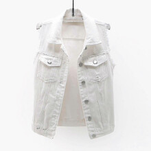 PARK (S-Weiß) Damen Frühlings- und Herbstmäntel Solide ärmellose Jeansjacke Oberbekleidung
