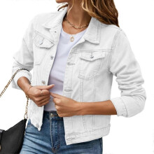 PARK (S-Weiß) Damen-Jeansjacke mit langen Ärmeln und Taschenschnalle