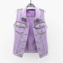 PARK (M-Lila) Damen Frühlings- und Herbstmäntel Solide ärmellose Jeansjacke Oberbekleidung