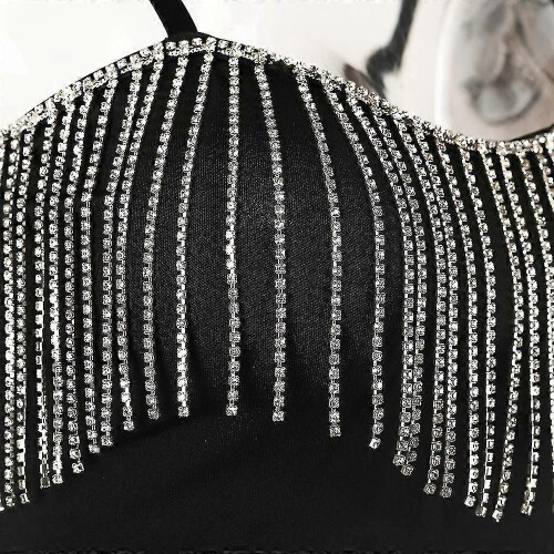 PARK(S)Diamond Top con bustier glitterato patchwork con nappe, top corto lucido con scollo a V e spalle 2