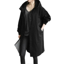 PARK (XXL-Schwarz) Damen-Windjacke, lässig, locker, mit Knopftaschen, Kapuze, winddicht, wasserdicht,