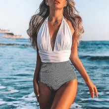 PARK (XL-Blanco) Traje de baño de una pieza para mujer, con cuello en V, cuello halter y almohadilla
