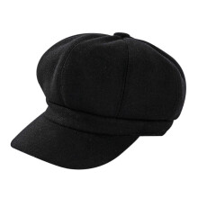 PARK (Schwarz) Einfarbige Woll-Newsboy-Mütze, achteckig, 8-teilig, Hut für Damen, Herbst/Winter, verdickte,