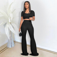 PARK (S-schwarz) Zweiteilige Outfits für Damen, sexy bauchfreies Top + lange Schlaghose, Trainingsanzüge,