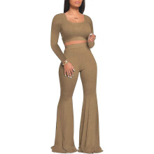 PARK (S-Khaki) Zweiteilige Outfits für Damen, sexy bauchfreies Top + ausgestellte lange Hose, Trainingsanzüge,