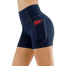 PARK (L-blau) Damen Radlerhose Sportshorts mit Taschen Leggings Kurze High Waist Blickdichte Gym Shorts