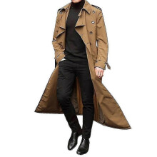 PARK (XL-Khaki) Herren Trenchcoat Zweireihiger Revers Windbreaker Männliche Lange Jacke Oberbekleidung