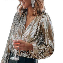 PARK (XXL-Gold) Damen Pailletten Glitzer V-Ausschnitt Langarmshirt für Party