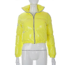 PARK(M-Gelb)Damen Kurzer Daunenmantel Glänzende Pufferjacke Stehkragen