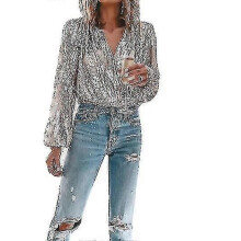 PARK (XL-Champagner) Damen Pailletten Glitzer V-Ausschnitt Langarmshirt für Party