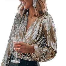 PARK (L-Silber) Damen Pailletten Glitzer V-Ausschnitt Langarmshirt für Party