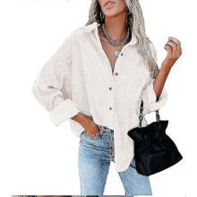PARK (S-Weiß) Damen Langarm Cordhemd Knopf Lose Lässige Oversize Jacke mit Tasche
