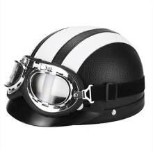 PARK (bianco) Casco da motociclista retrò in pelle con occhiali
