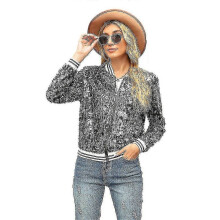 PARK (L-Schwarz) Damen Pailletten Taillierte Langarm Reißverschluss Blazer Bomberjacke