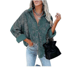 PARK (XL-Grün) Damen Langarm Cordhemd Knopf Lose Casual Oversize Jacke mit Tasche