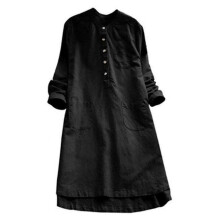 PARK (S-Schwarz) Damen Lockeres Longshirt Baumwolle Leinen Longshirt Locker Mit Tasche Für Home Office