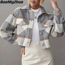 PARK (XL-Grau) Neue Winterjacken Damen Mantel Revers Plaid Einreihiger Wollkurzmantel Herbst Plaid Print