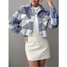 PARK (XL-königsblau) Neue Winterjacken Damen Mantel Revers Plaid Einreihiger Wollkurzmantel Herbst Plaid