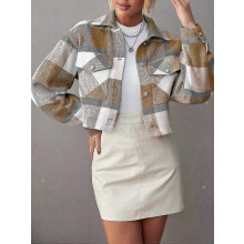 PARK (S-Apricot) Neue Winterjacken Damen Mantel Revers Plaid Einreihiger Wollkurzmantel Herbst Plaid