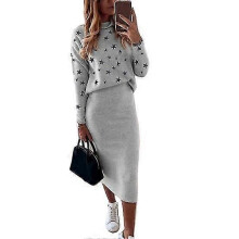 PARK(M-Grigio)1 Completo elegante con gonna e top aderente con stampa a stella a cinque punte