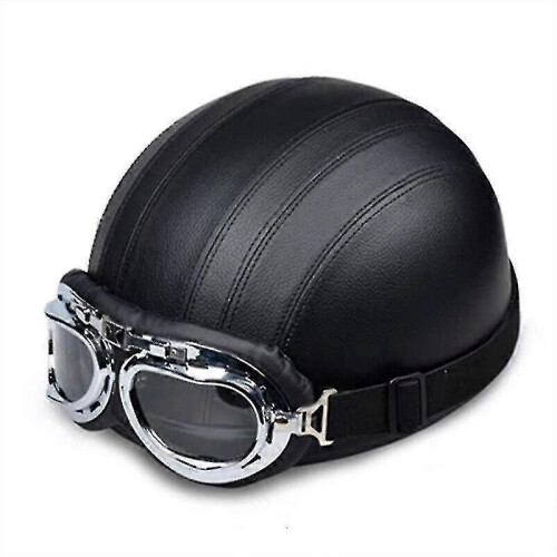 PARK (Schwarz) Retro Motorrad Leder Halbhelm mit Schutzbrille