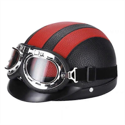 PARK (Rot) Retro Motorrad Leder Halbhelm mit Schutzbrille