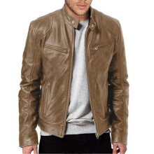 PARK (S-Khaki) Lässige Lederjacke für Herren mit Reißverschluss vorne, Vintage-Oberbekleidung für die