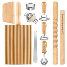 Pasta Tool Set with Wood Thread, Rolling Pin, Dough Scraper, Gnocchi Board and Dumpling Maker for Kitchen Cooking