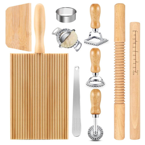 Pasta Tool Set with Wood Thread, Rolling Pin, Dough Scraper, Gnocchi Board and Dumpling Maker for Kitchen Cooking