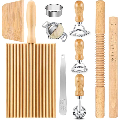 Pasta Tool Set with Wood Thread, Rolling Pin, Dough Scraper, Gnocchi Board and Dumpling Maker for Kitchen Cooking 1