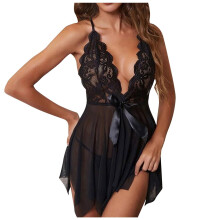 Sexy Lingerie for Women Lace Cotton Bra and Panties Set Open Crotch Nightdress Black XL