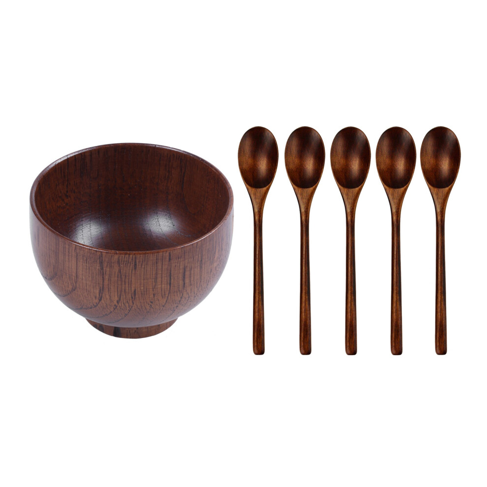 6Pcs Wooden Tableware: 1 Pcs Bowls Soup Bowl Healthy Food Container & 5 Spoon Natural Ellipse Ladle Set 4853123775791