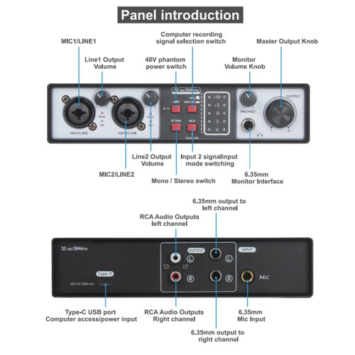 2 in Out USB Audio Interface Recording Sound Card 32Bit/384KHZ 2