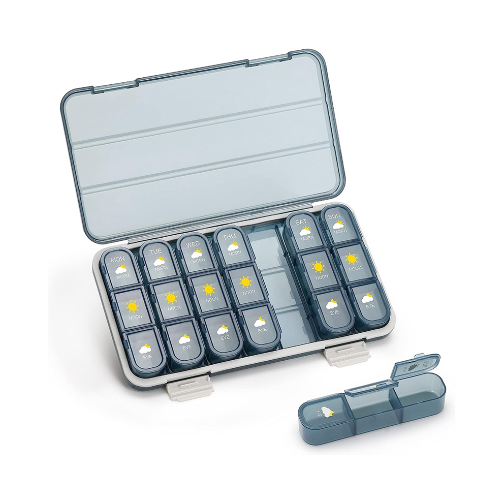 Spactz 3 Times A Day, 7 Day Pill Box - Weekly Travel Container, Blue