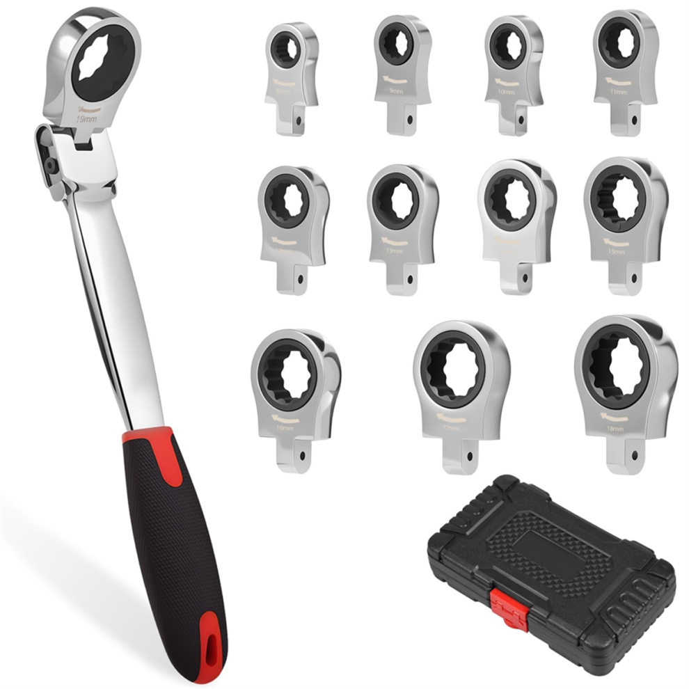 Flex Head Ratcheting Wrench Set, 8-19Mm Metric Ratchet Tool With Interchangeable Heads & Storage 4851802958749